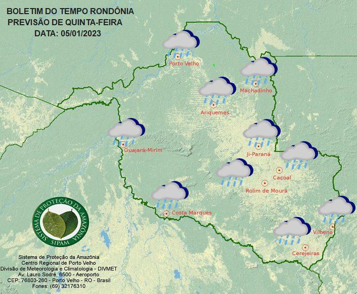 Frente fria de fraca intensidade chega a Rondônia com possibilidade de temporais nesta quinta-feira, diz Sipam