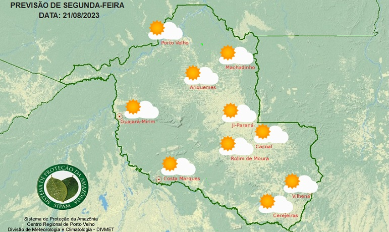 Rondônia terá dia ensolarado com temperaturas elevadas nesta segunda-feira (21)