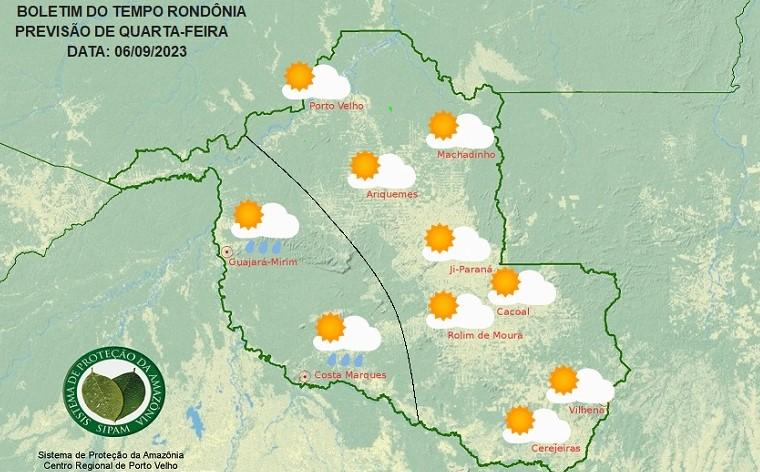 Quarta-feira de sol forte e calor em Rondônia, com possibilidade de chuva no Vale do Guaporé